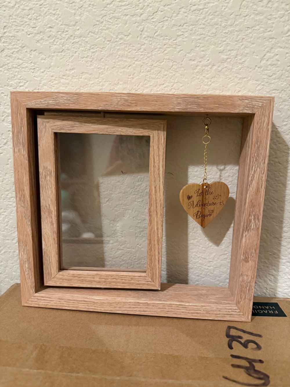 Natural Wood Double Frame with Hanging Heart Accent